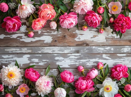 Fototapeta Naklejka Na Ścianę i Meble -  Beautiful peony flowers boarder on light blue background.