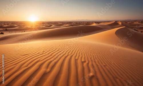 Gentle sunrise in the desert. The sun shines into the camera emphasizing the contours of sand dunes