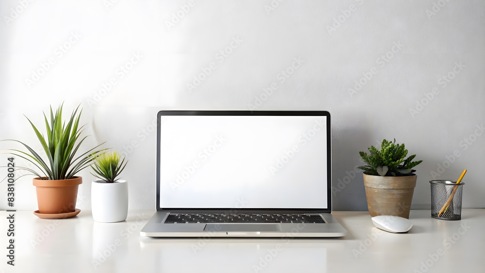 Mockup Laptop with blank screen on home office desk. Minimal workspace with blank computer screen mockup on white background Mockup Laptop with blank screen on home office desk. Minimal workspace with blank computer screen mockup on white background