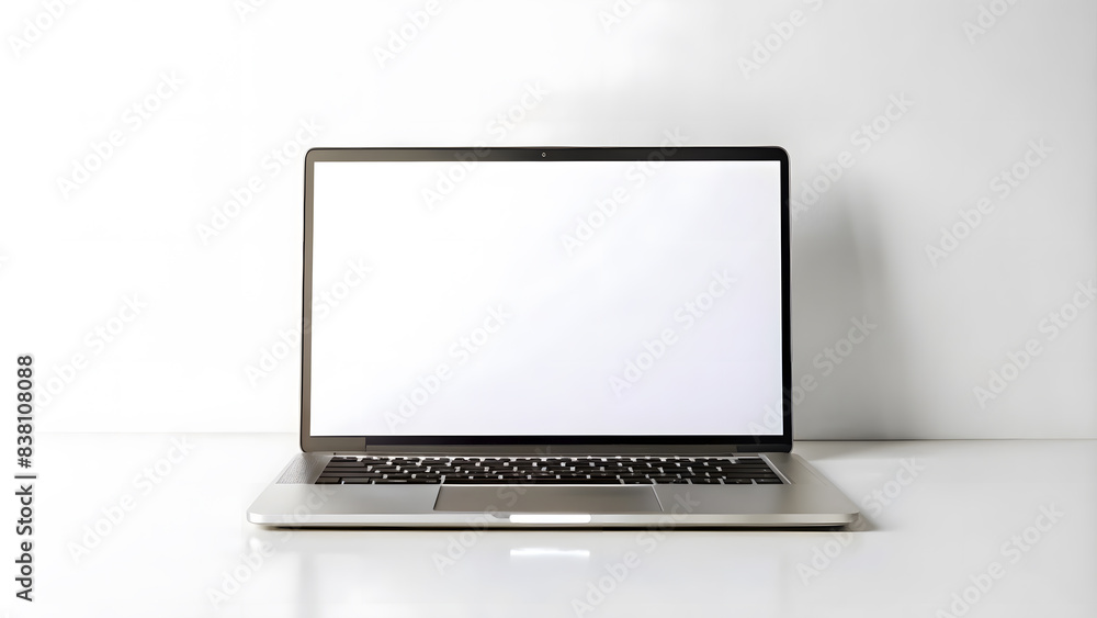 Fototapeta premium Mockup Laptop with blank screen on home office desk. Minimal workspace with blank computer screen mockup on white background