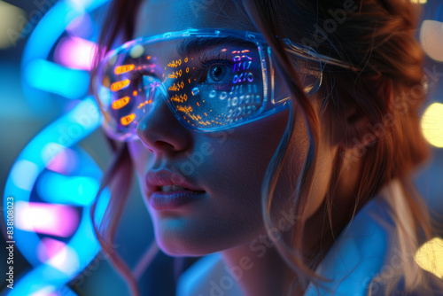 Young woman in futuristic glasses with digital reflections, standing in neon lights, representing technology and innovation. photo