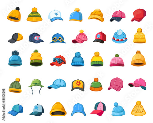 Cartoon different children s headwear icon set. White background. Simple cartoon style kids hats beanies caps sunhats winter hats baby headgear illustrations headwear for children