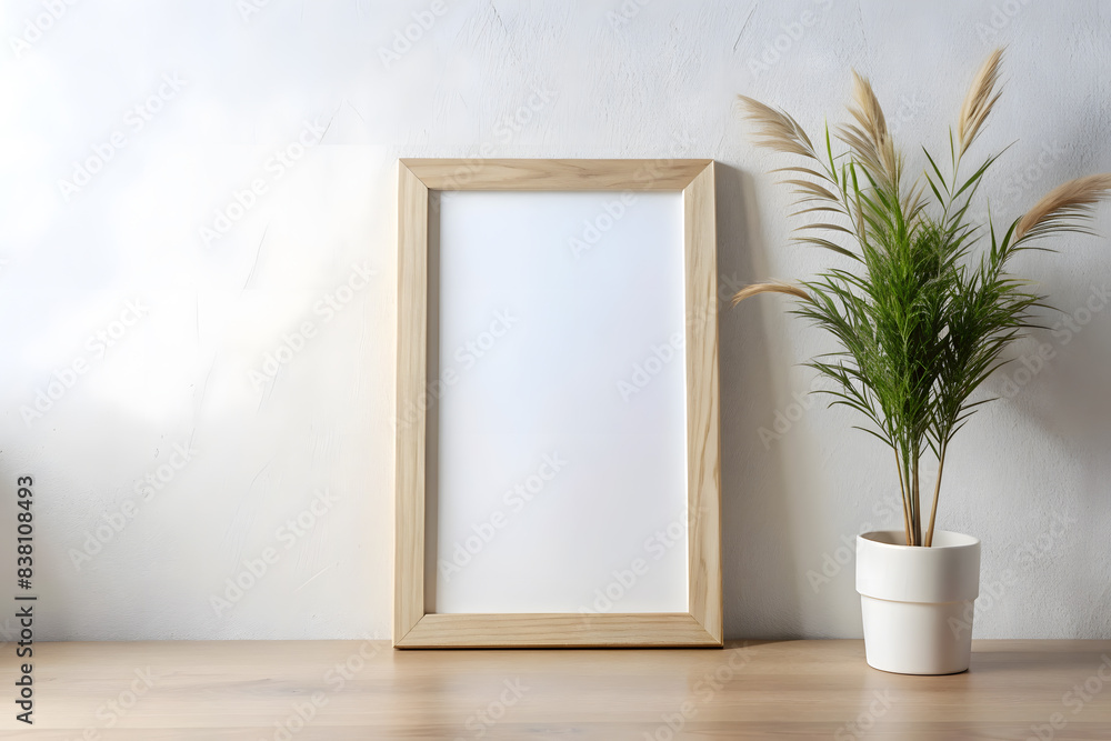 Scandinavian interior with photo frame mockup and plant. Modern home decor. Minimalistic concept. Sample. Empty. Scandinavian interior with photo frame mockup and plant. Modern home decor. Minimalistic concept. Sample. Empty.