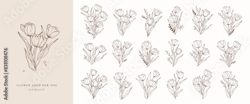 Set of tulip flower bouquets line art isolated. Spring floral tulips black logo wreath sketch plant. Vector illustration botanical stem, floral bloom