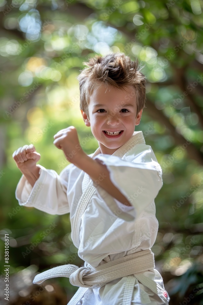 portrait of caucasian karate boy in white kimono, sports portrait of caucasian karate boy in white kimono, sports