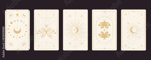 Tarot reverce border magic sacred cover card frame gold line border celelstial mystery esoteric decoration with moth stars and moon on dark background.