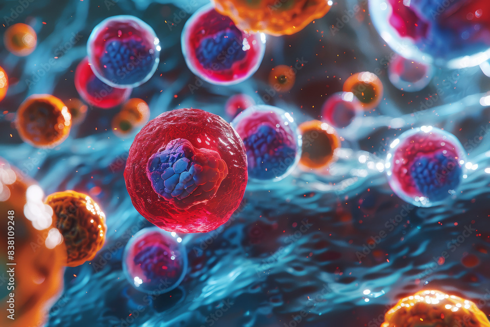 Naklejka premium Vibrant microscopic view of cells in a fluid environment, showcasing cellular structure and biological activity, perfect for science-related content.
