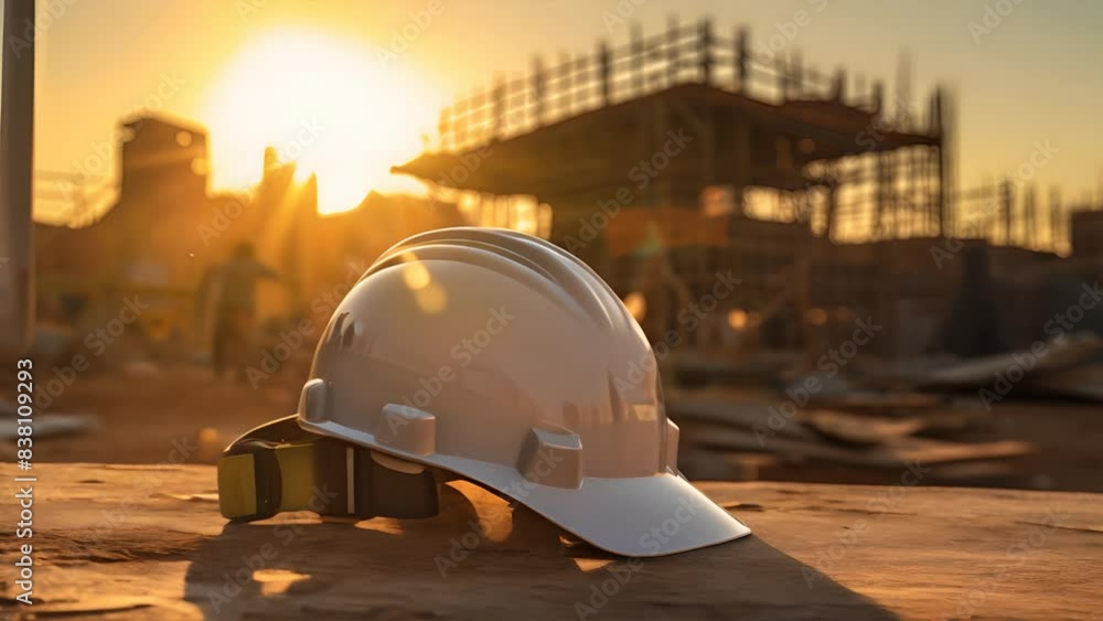 white helmet safety in construction site Sunset,