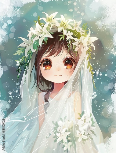 cute pretty girl wearing wedding dress with white veil and lily flower blossom, anime cartoon girl  photo