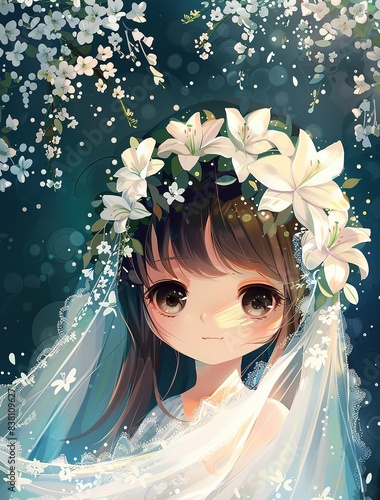 cute pretty girl wearing wedding dress with white veil and lily flower blossom, anime cartoon girl  photo