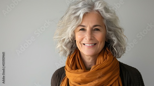 A portrait of an elderly woman with gray hair, smiling and looking at the camera against white background, wearing casual .