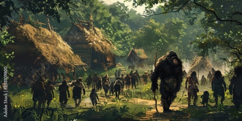 Apes and Early Humans in Village Scene