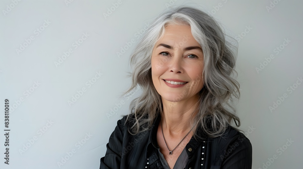 Fototapeta premium A portrait of an elderly woman with gray hair, smiling and looking at the camera against white background, wearing casual .
