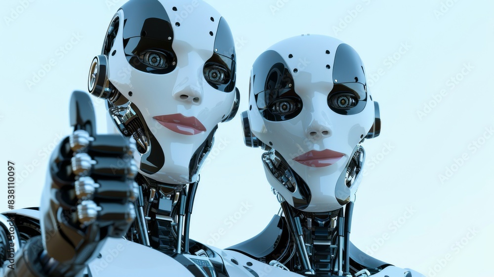 An isolated white background shows a set of robots giving thumbs up - generative artificial intelligence An isolated white background shows a set of robots giving thumbs up - generative artificial intelligence