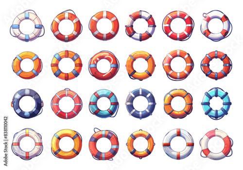 Cartoon Lifebuoys. Set of Simple Vector Cartoon Style Icons on White Background. Life Preserver Illustrations. Safety Equipment for Water Activities