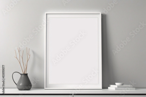 リアルなフォトフレームのモックアップ。白い空白の壁に垂直の大きな A3、A4 フレームのモックアップ。シンプル、クリーン、モダン、ミニマルなポスター フレーム。垂直の白い額縁のモックアップ。国際用紙サイズ	 photo