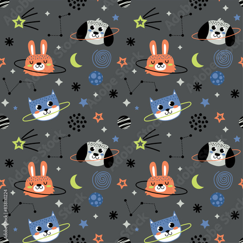 space pattern design as vector with cute animals head drawing