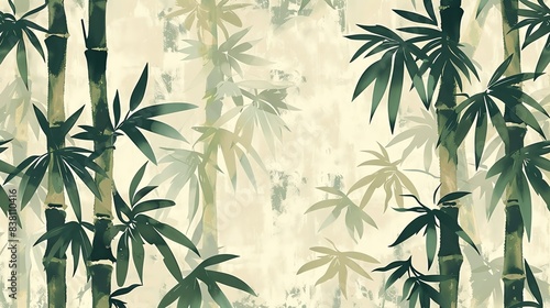 Bamboo border, muted greens, flat design, repeating pattern photo