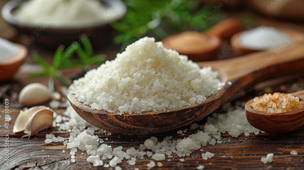 fine sea salt in a wooden spoon on a rustic table, surrounded by garlic and spices. fine sea salt in a wooden spoon on a rustic table, surrounded by garlic and spices.
