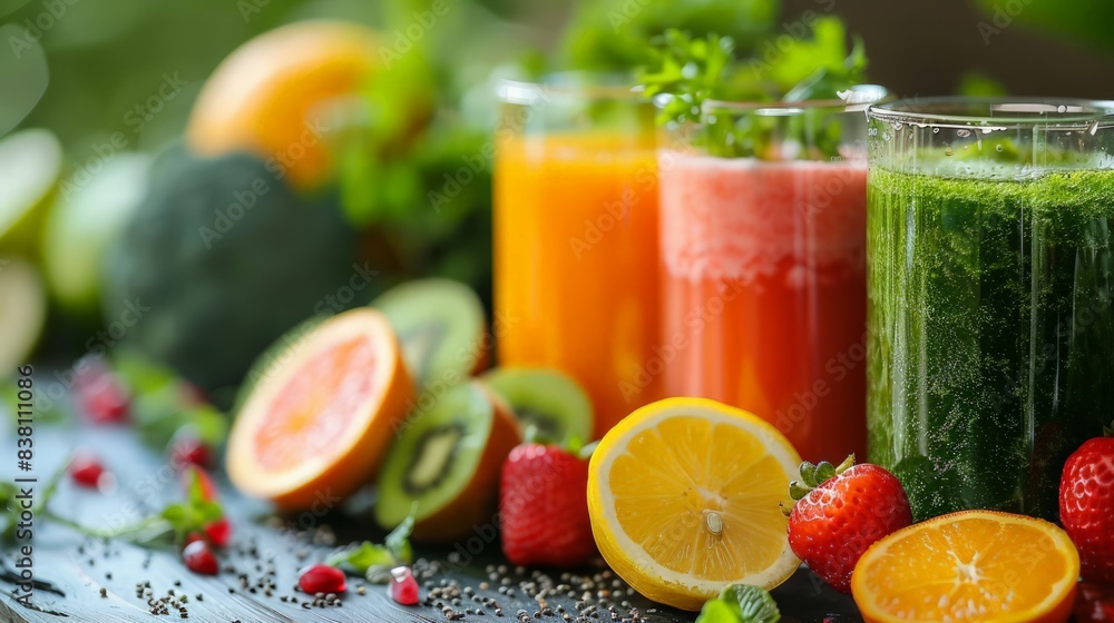 Healthy Lifestyle with Fresh Juices: Highlight the freshness and health benefits of natural juices, capturing the vibrant colors Healthy Lifestyle with Fresh Juices: Highlight the freshness and health benefits of natural juices, capturing the vibrant colors