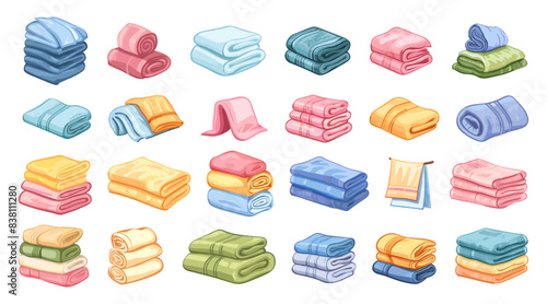 Cartoon Set of Different Types of Bath Towels. White Background. Simple Cartoon Style. Illustrations of Towels Hand Towels Bath Sheets and Washcloths