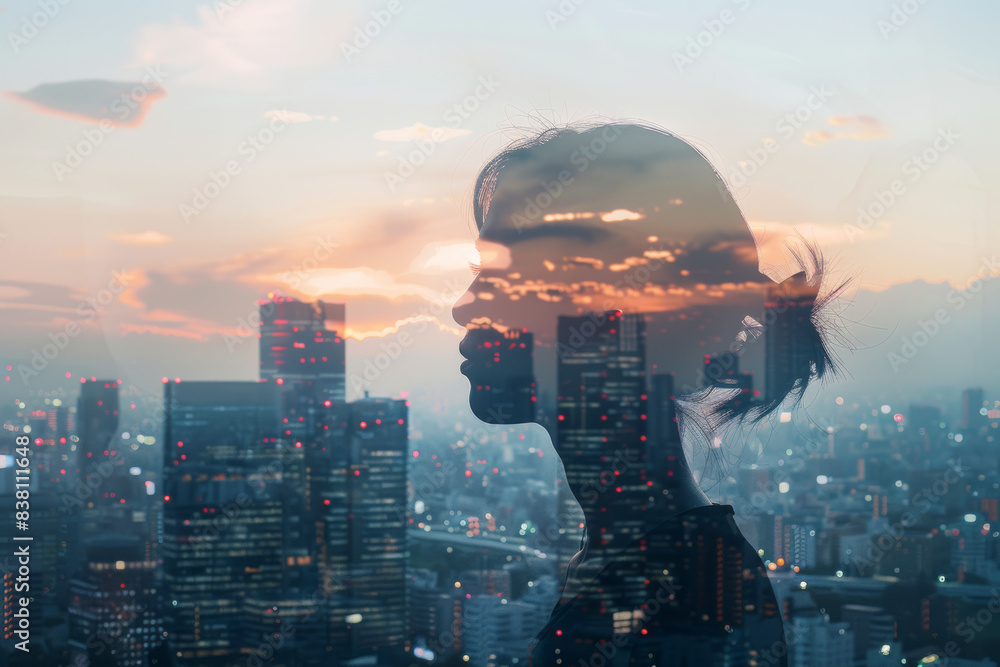 Double exposure of a thoughtful person silhouetted against a cityscape at sunset, blending urban and contemplative moods in a stunning visual. Double exposure of a thoughtful person silhouetted against a cityscape at sunset, blending urban and contemplative moods in a stunning visual.