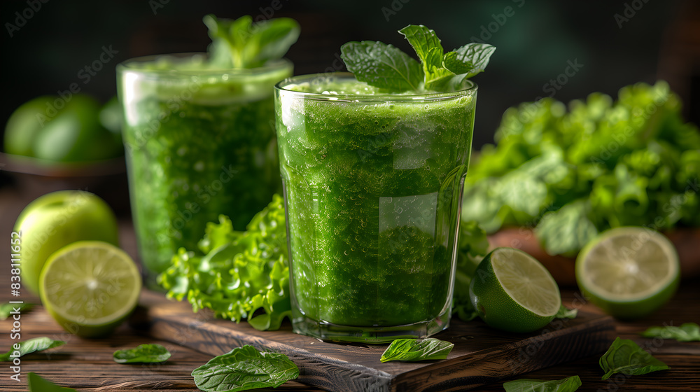 Invigorating glass of cold pressed green apple juice with lettuce, lime Invigorating glass of cold pressed green apple juice with lettuce, lime