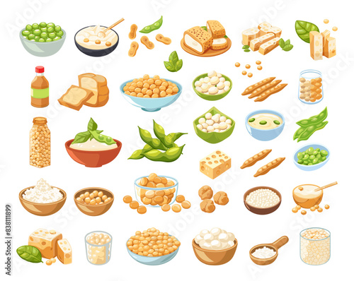 Cartoon soybean products icon set. White background. Simple cartoon flat style. Soy-based food items. Plant-based protein illustrations. Veggie products collection