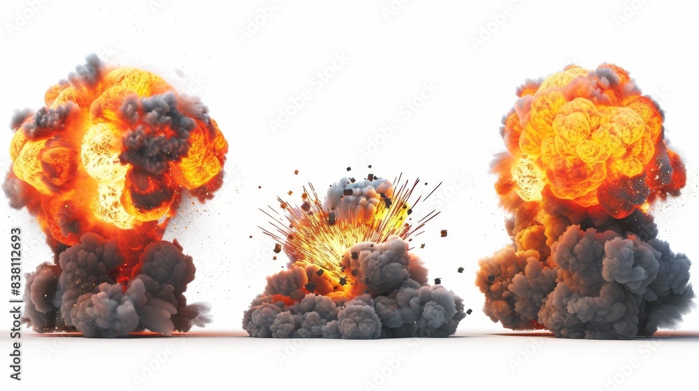 A set of explosions isolated on a transparent background - Generative AI A set of explosions isolated on a transparent background - Generative AI