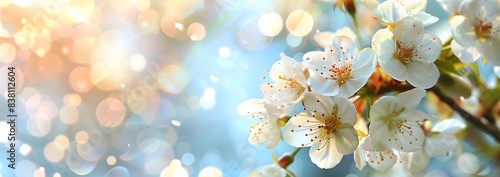 Beautiful spring white flowers in the garden on a blurred blue background