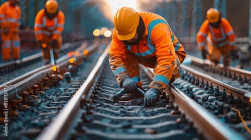 Engineers in high-visibility gear working on railway maintenance.