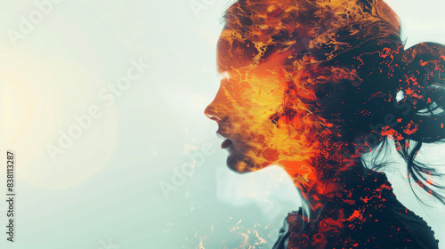 Surreal double exposure of a woman with fire, blending human profile and nature, symbolizing inner strength, passion, and transformation.