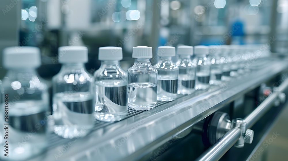 Pharmaceutical industry. Production line machine conveyor with glass bottles ampoules at factory. Pharmaceutical industry concept background. Pharmaceutical industry. Production line machine conveyor with glass bottles ampoules at factory. Pharmaceutical industry concept background.