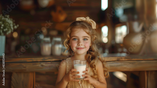 little girl with glass of tasty milk