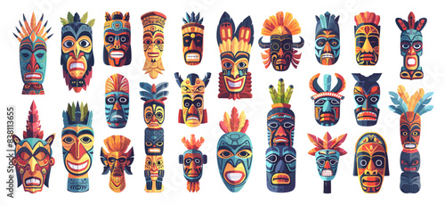 Cartoon Totem Pole Mask Icons Set. Colorful Illustrations of Tribal Masks in Totem Pole Style. Simple Cartoon Design on White Background. Indigenous, Native American, Tribal Art, Ethnic, Wooden Masks