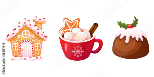 Set Traditional Pudding, Christmas cake, gingerbread house and cup with hot chocolate,winter dessert, pastry with cream, icing and decoration, textured and detailed isolated on white background.