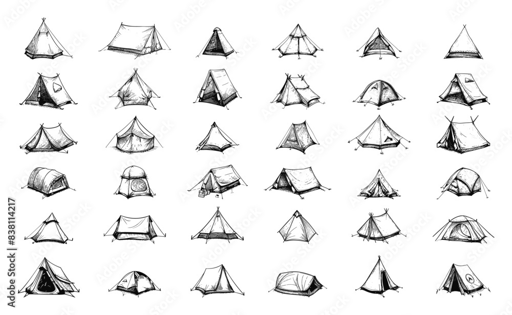 Doodle Camping Tents Set. Hand-Drawn Outdoor Shelter Sketches, Various Types of Tents, Simple Illustrations in Black on White Background. Camping Gear, Hiking, Outdoor Recreation, Nature Exploration Doodle Camping Tents Set. Hand-Drawn Outdoor Shelter Sketches, Various Types of Tents, Simple Illustrations in Black on White Background. Camping Gear, Hiking, Outdoor Recreation, Nature Exploration