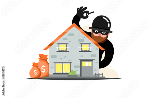 House with thief on isolated background, Vector illustration.