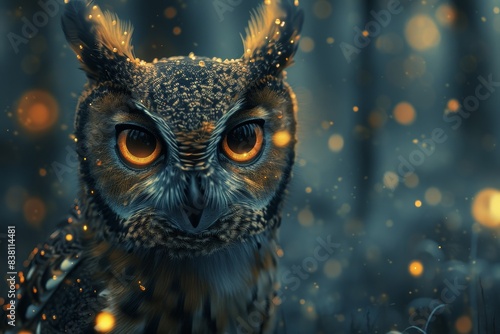 A captivating image of an owl with golden eyes, detailed feathers, against a mesmerizing bokeh blue background © Design Depot