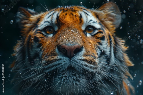 A striking close-up of a tiger's face covered in droplets, showcasing the majesty and intensity of the wild animal