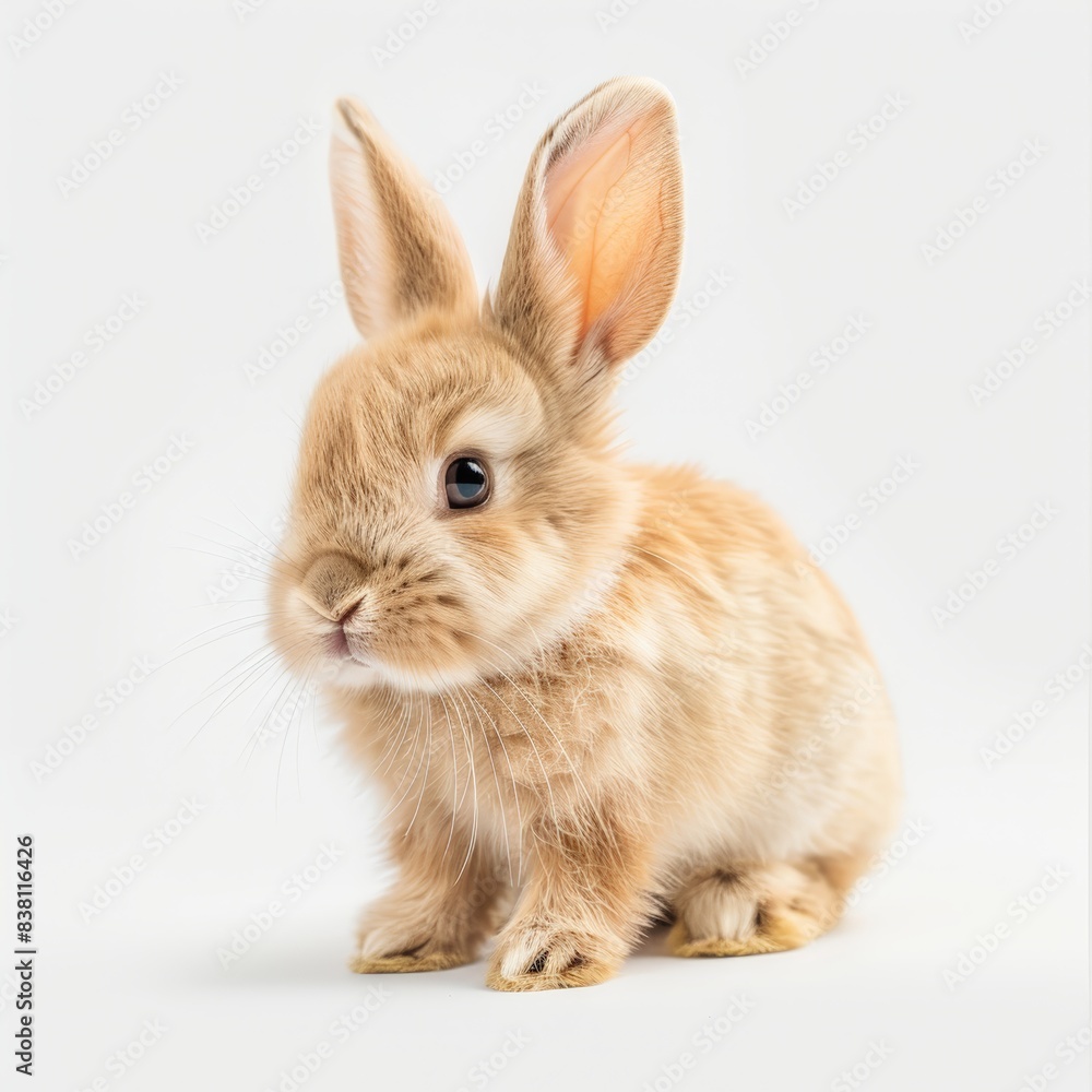 Adorable fluffy baby rabbit with large ears sitting on a white background, showcasing its cute and innocent expression. Adorable fluffy baby rabbit with large ears sitting on a white background, showcasing its cute and innocent expression.
