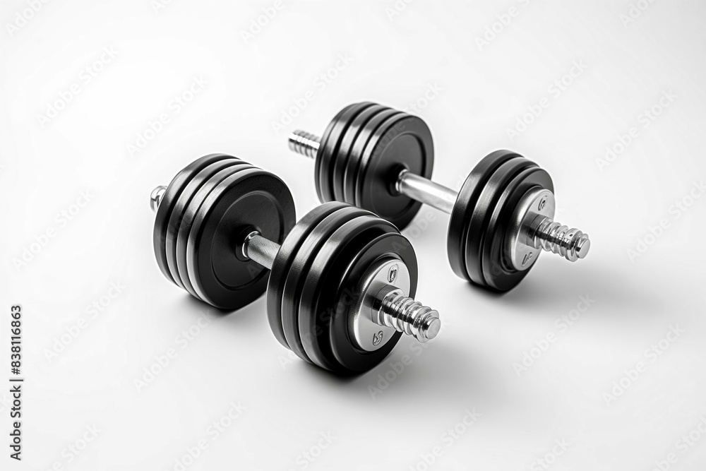 Black dumbbells on white background, copy space Black dumbbells on white background, copy space
