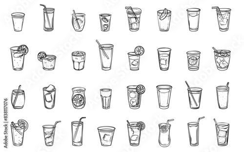 Doodle style cold drinks and lemonade in plastic glasses icons set. Low detailed line sketch with crisp contours white background. Hand-drawn Cold beverages illustrations clipart