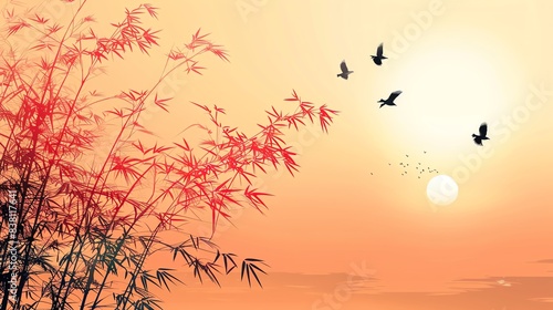 Bamboo with birds  warm hues  flat design  harmonious scene
