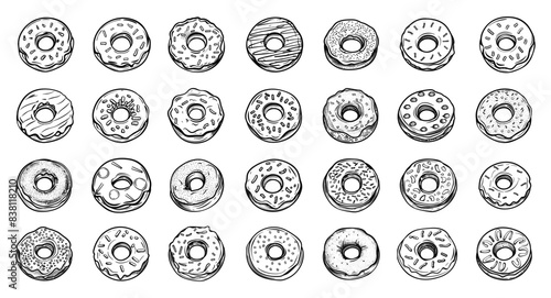 Doodle style cute donuts icons set. Low detailed line sketch with crisp contours on a white background. Donut illustrations sweet desserts pastry clipart hand drawn simple style