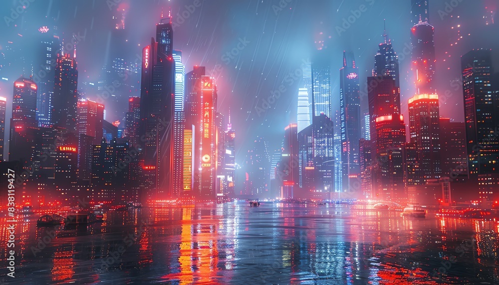 Futuristic cityscape with neon lights reflecting on water.