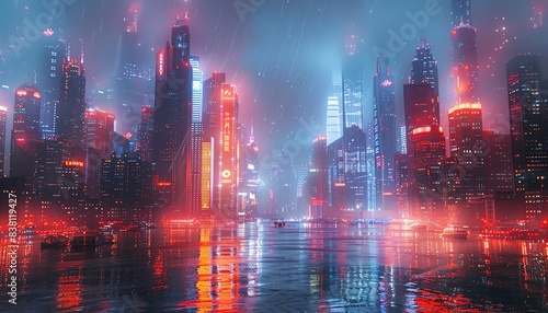 Futuristic cityscape with neon lights reflecting on water.