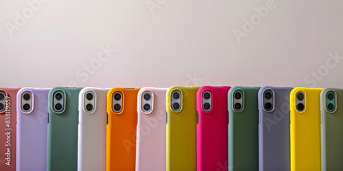 Row of mobile phone cases of different colors, commercial, gift, Christmas New Year holiday gift, decoration, fashion item, marketing background, uniqueness, individual independent existence, multirac photo