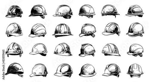 Doodle Style Helmet Icons Set. Construction Worker, Safety, Hard Hats, Protective Gear. Hand Drawn Simple Illustrations. Black Sketches on White Background