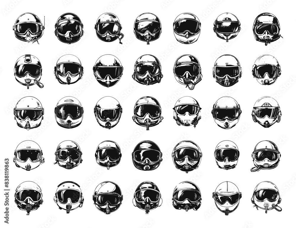 Doodle Style Jet Pilot Helmets Icons Set. Hand Drawn Icons on White Background. Sketch Illustrations of Military Aviation Headgear, Fighter Pilot Equipment, and Air Force Gear Doodle Style Jet Pilot Helmets Icons Set. Hand Drawn Icons on White Background. Sketch Illustrations of Military Aviation Headgear, Fighter Pilot Equipment, and Air Force Gear